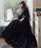 Black lace long prom dress A line evening gown Y1294