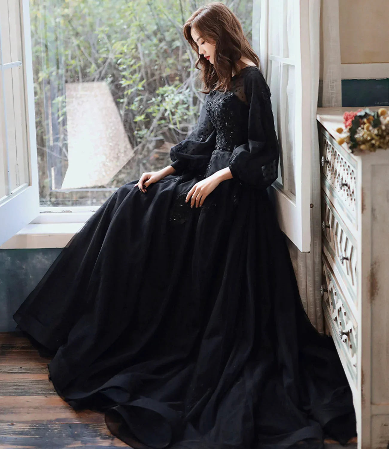 Black lace long prom dress A line evening gown Y1294