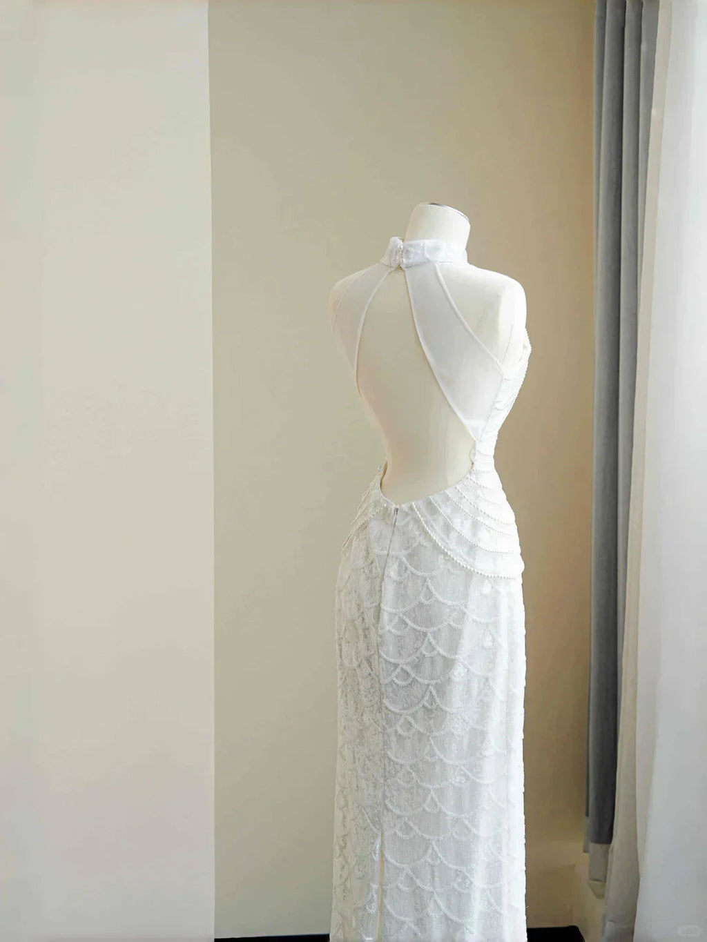 Classy White  Sequins Pearls Chain Sheath Long Prom Dress Evening Dress Y8670