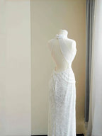Classy White  Sequins Pearls Chain Sheath Long Prom Dress Evening Dress Y8670