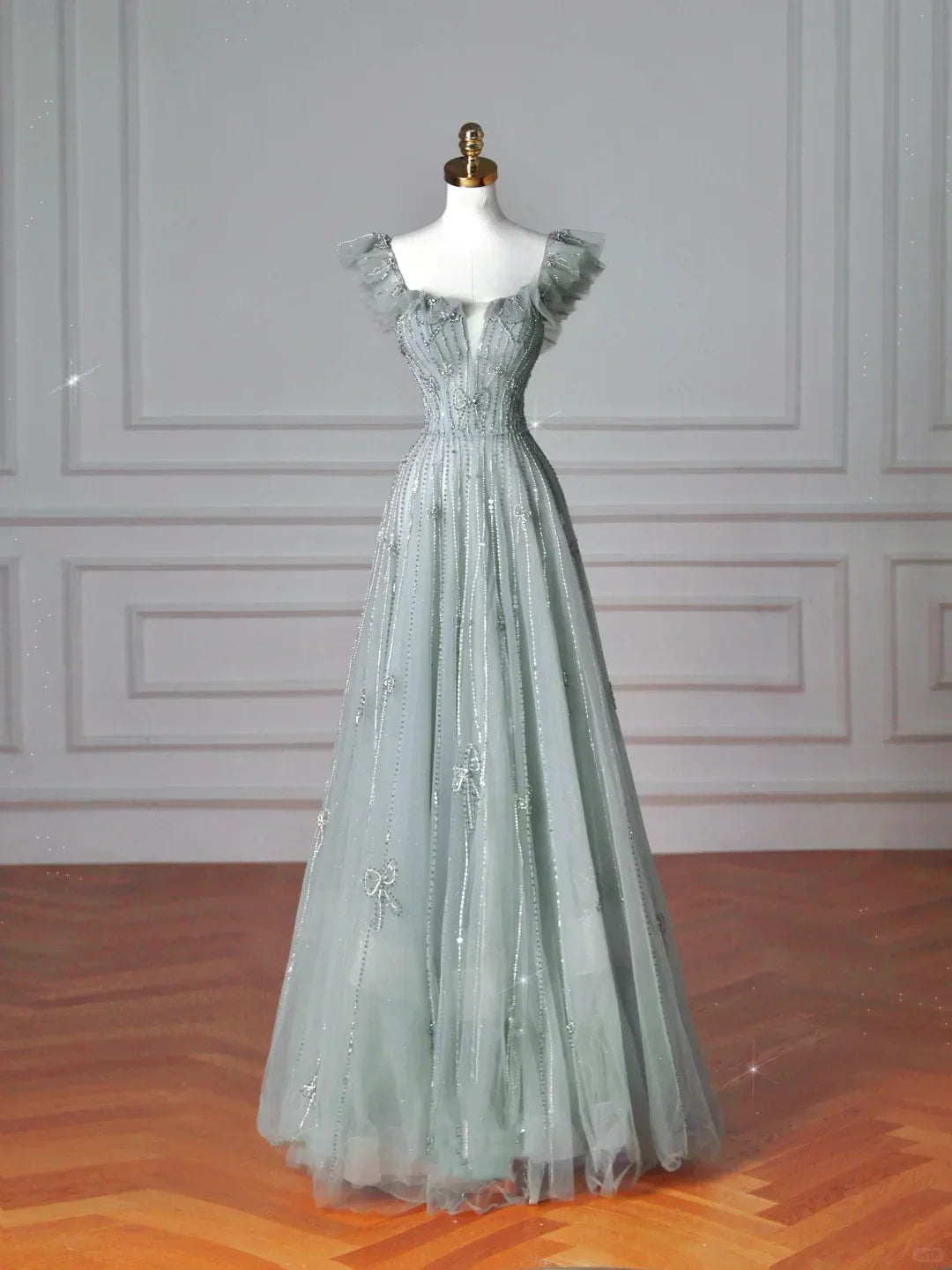 Pretty Light Green Square Neck Tulle Beaded Prom Dress A Line Evening Dress Y8612
