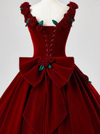 Beautiful Burgundy Velvet Quinceanera Dress Birthday Ball Gown With Rose Flowers Y7750