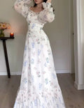 Pretty Chiffon Flowers Print Ruffle Long Sleeve Prom Dresses Formal Evening Gown Y8153