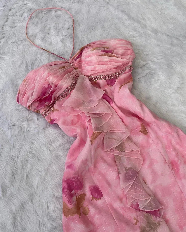 Pink Chiffon Print Floral Ruffle Evening Dress Halter Mermaid Prom Dress Y8306