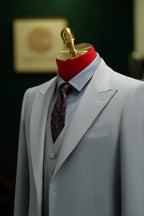 Three Piece Light Grey Wool Suit With Tailored Blazer Waistcoat And Trousers