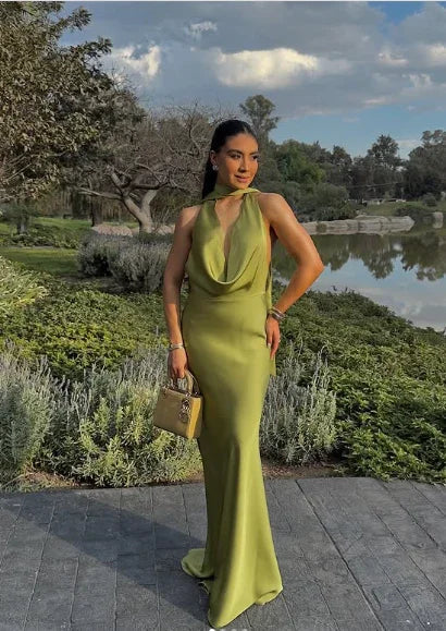 Sexy Halter Green Satin Prom Dress Lonr Evening Dress Y8210