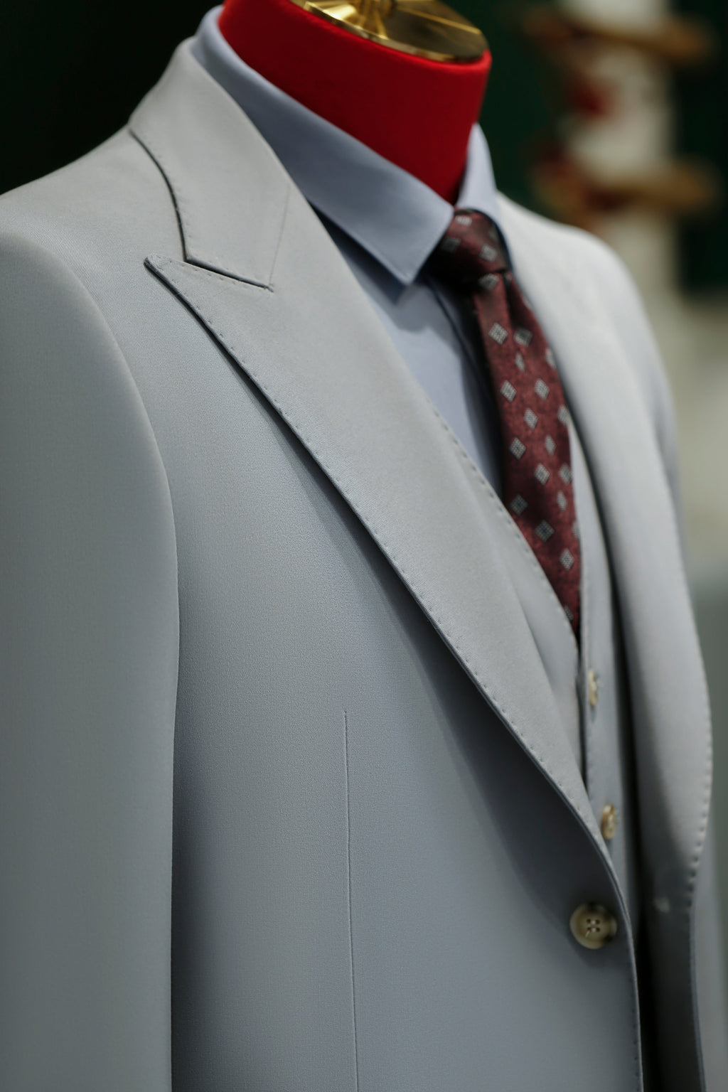Three Piece Light Grey Wool Suit With Tailored Blazer Waistcoat And Trousers