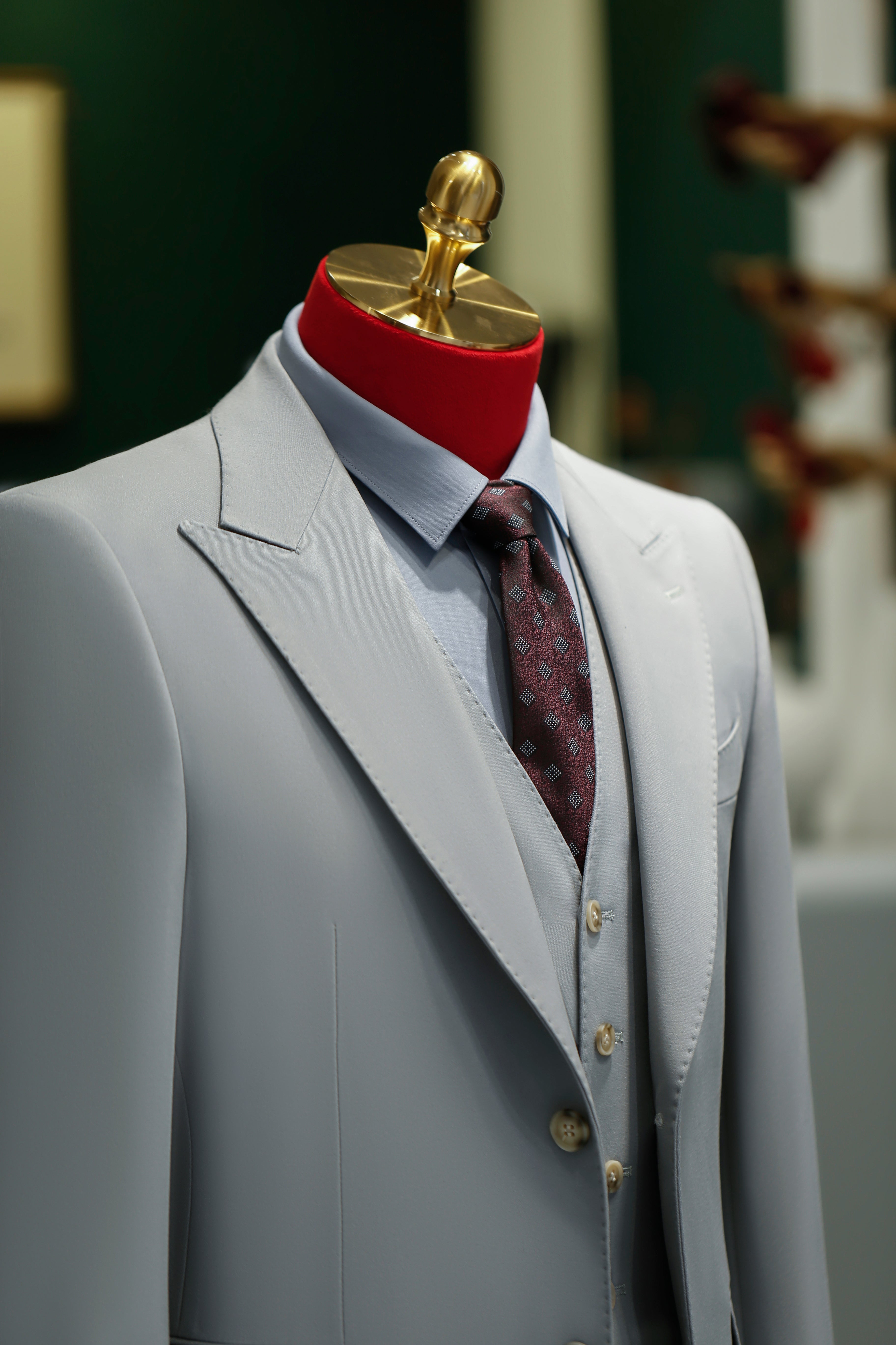 Three Piece Light Grey Wool Suit With Tailored Blazer Waistcoat And Trousers