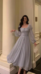 Grey Lace Chiffon Long Sleeves Party Dress Elegant Prom Evening Dress Y8021