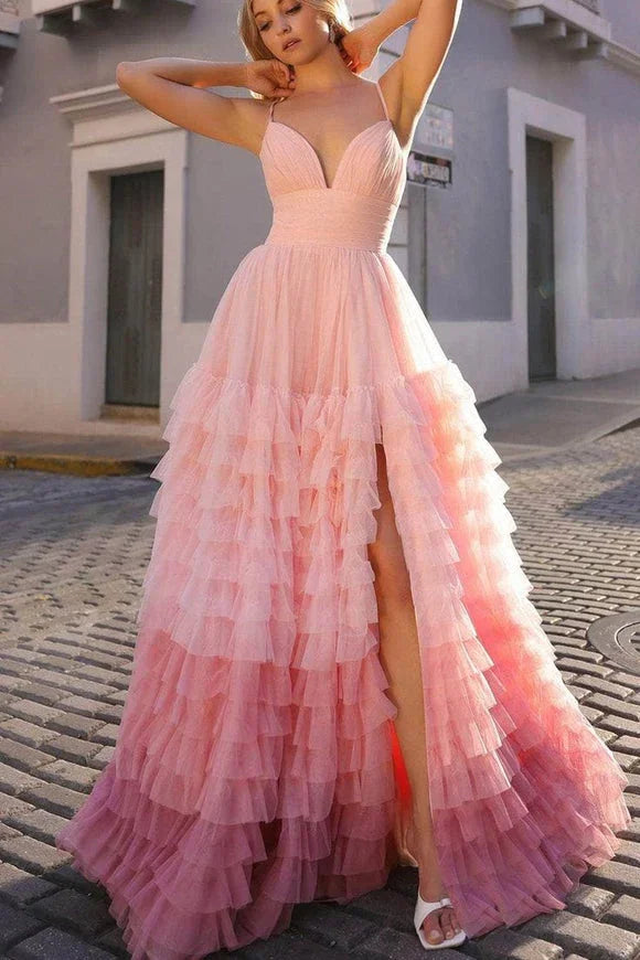 Linae | A Line V Neck Lilac Tulle Prom Dresses with Slit