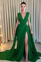 Off The Shoulder Sleeveless V-Neck Prom Gown with Split and Pleated