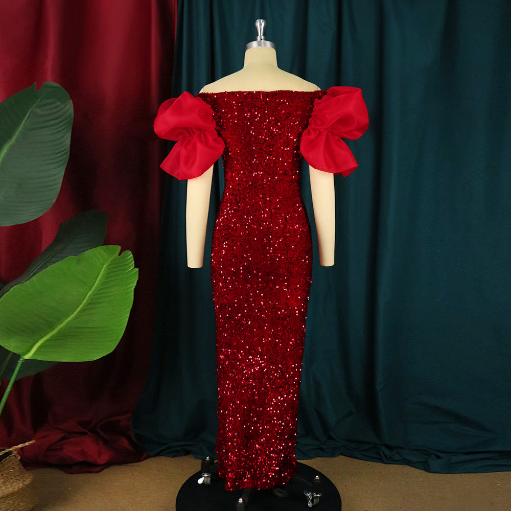 Sexy Ruffles V-neck Elegant Sequ High-End Maxi Dress Ladies Banquet Evening Dress Women Party Dre