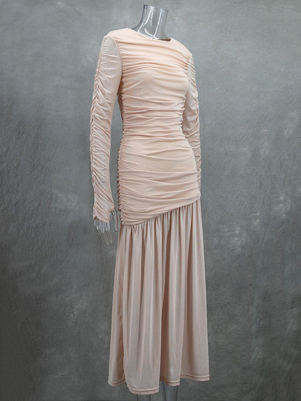 Long Sleeves Skinny Pleated See-Through Solid Color Split-Joint Round-Neck Evening Dresses Maxi Dresses