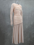 Long Sleeves Skinny Pleated See-Through Solid Color Split-Joint Round-Neck Evening Dresses Maxi Dresses