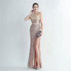 Heavy Industry Ostrich Hair Craft Beading Evening Dress with Side Slit