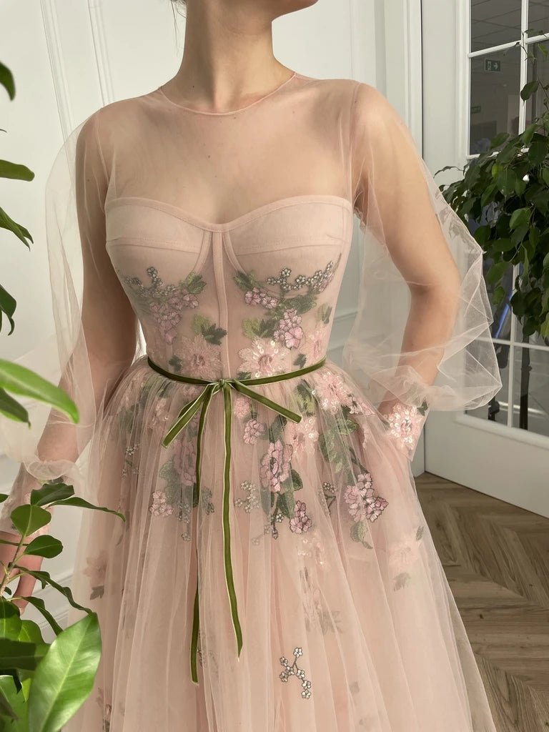 A Line Scoop Long Sleeve Tulle Prom Dress with Floral Embroidery