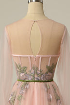 A Line Scoop Long Sleeve Tulle Prom Dress with Floral Embroidery