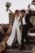 A-Line Stain V-Neck Split Front Sleeveless Wedding Dresses with Ruffles