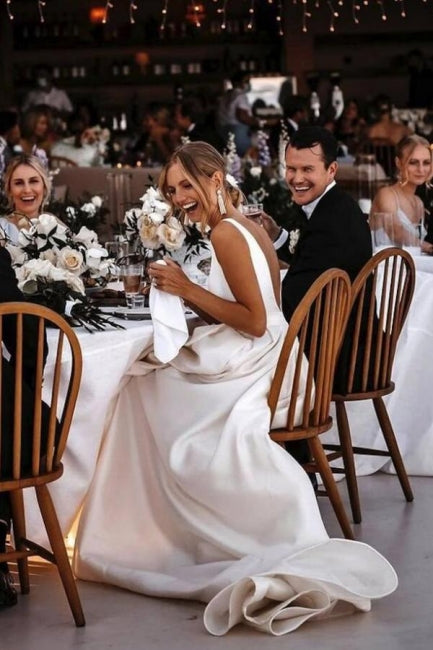 A-Line Stain V-Neck Split Front Sleeveless Wedding Dresses with Ruffles