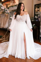 A-Line Sweetheart Long Sleeve Split Front Stain Wedding Dresses with Lace
