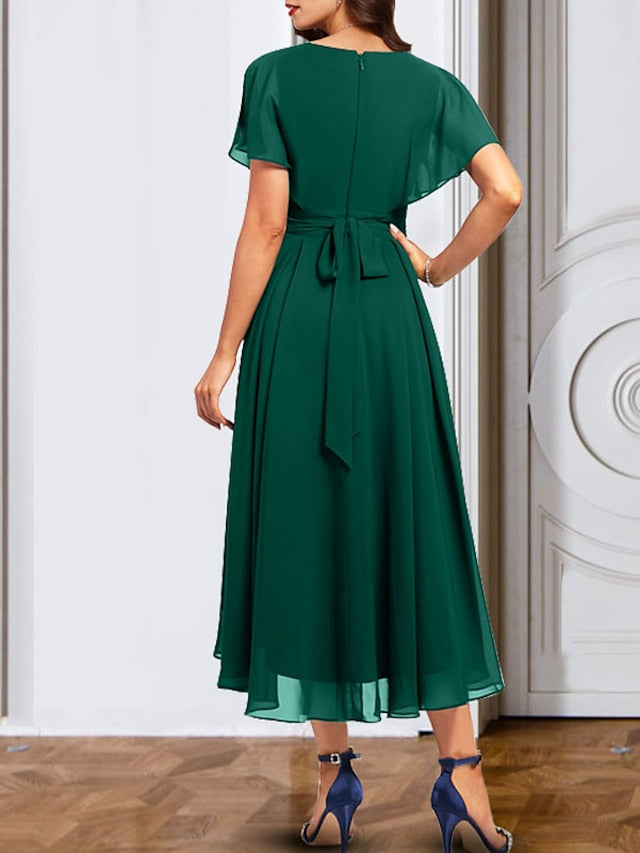 A-Line/Princess Chiffon V Neck Short Sleeves  Mother of the Bride Dresses with Belt