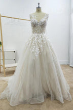 A-line Floral Applique Beach Wedding Dresses Backless Wedding Gown