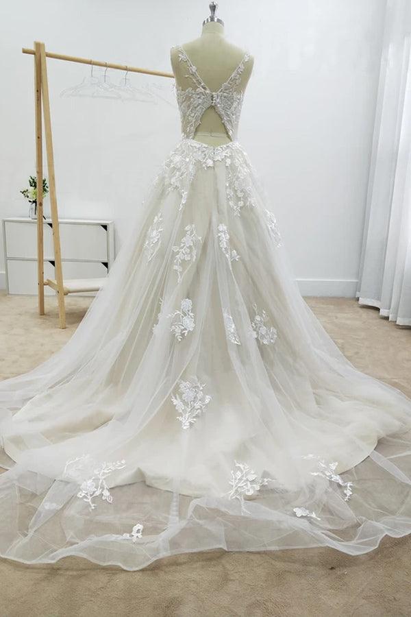 A-line Floral Applique Beach Wedding Dresses Backless Wedding Gown