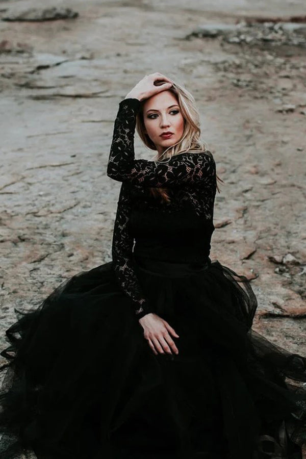 A-Line Lace Appliqued Black Wedding Dress Boho Bridal Gown