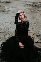 A-Line Lace Appliqued Black Wedding Dress Boho Bridal Gown