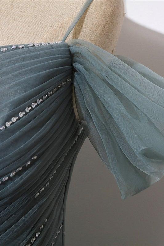 A-Line Off The Shoulder Grey Tulle Prom Dress Evening Dress