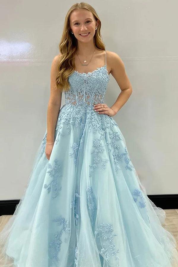 A-Line Spaghetti Straps Corset Back long Prom Dress With Appliques