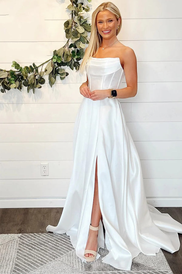 A-Line Strapless White Wedding Dress Simple Wedding Dresses
