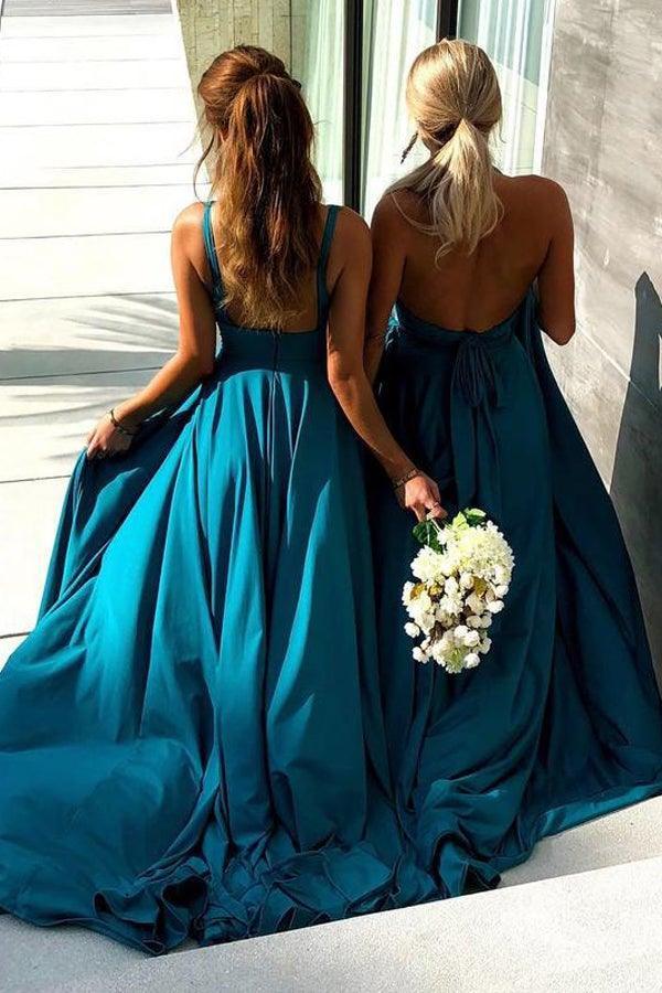 A-Line V-Neck Sweep Train Straw Spandex Prom Party Dress with Split PG658