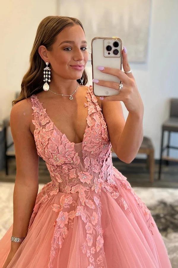 A-Line V Neck Tulle Appliques Blush Pink Prom Dress with Slit