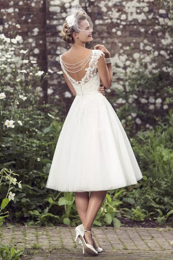 A-Line Wedding Dress Tea Length Lace Short Bridal Gown