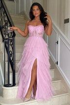 A-Line Ruffles Appliques Corset Pink Long Prom Dress with Slit