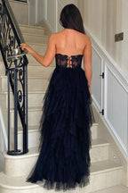 A-Line Ruffles Appliques Corset Pink Long Prom Dress with Slit