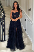 A-Line Ruffles Appliques Corset Pink Long Prom Dress with Slit