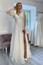 A-Line Sparkly V-Neck Long Sleeves Beach Wedding Dress