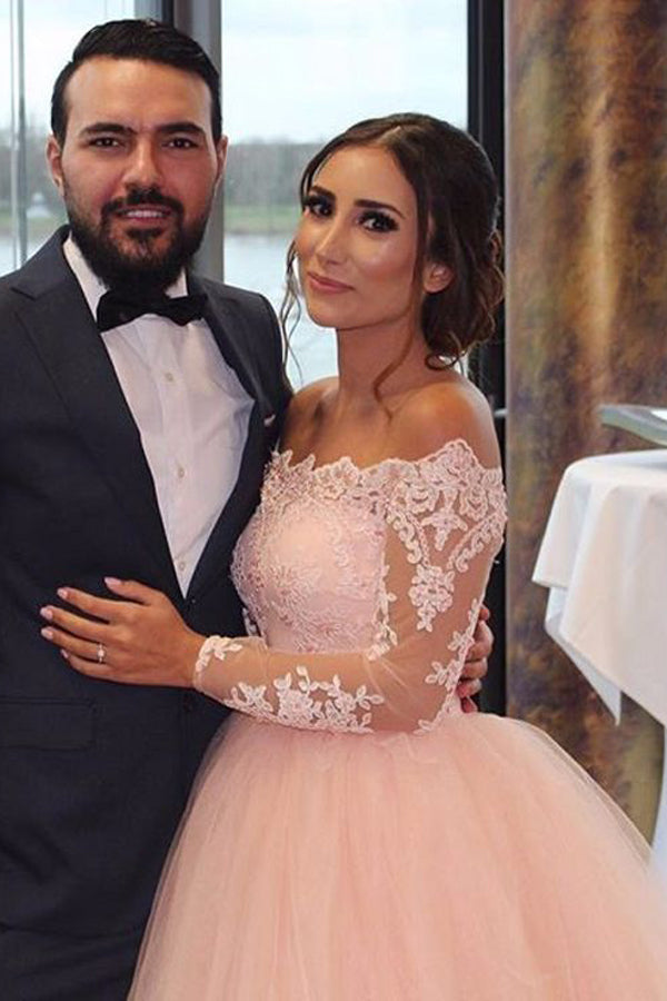 A-line Blush Pink Off Shoulder Long Sleeves Wedding Dress