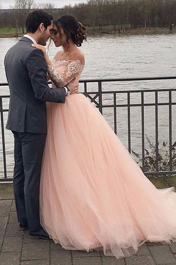 A-line Blush Pink Off Shoulder Long Sleeves Wedding Dress