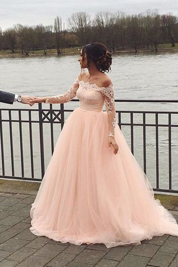 A-line Blush Pink Off Shoulder Long Sleeves Wedding Dress