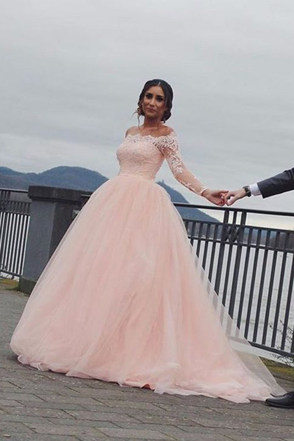 A-line Blush Pink Off Shoulder Long Sleeves Wedding Dress