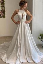 A-line Halter Neckline Backless Long Satin Wedding Dresses With Beading Belt