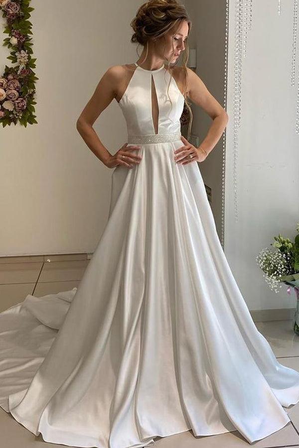 A-line Halter Neckline Backless Long Satin Wedding Dresses With Beading Belt