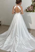 A-line Halter Neckline Backless Long Satin Wedding Dresses With Beading Belt