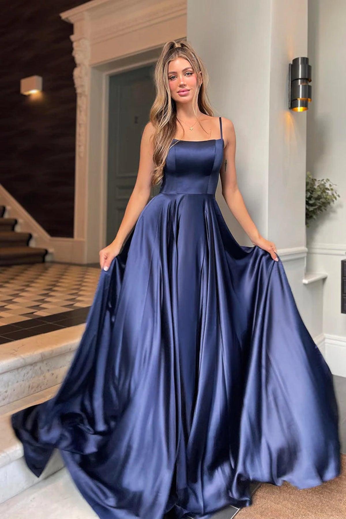 A-line Satin Scoop Neck Long Prom Dress Straps Formal Dress
