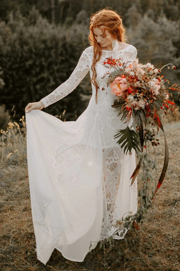 A-line Scoop Neck Backless Long Sleeves Beach Wedding Dresses