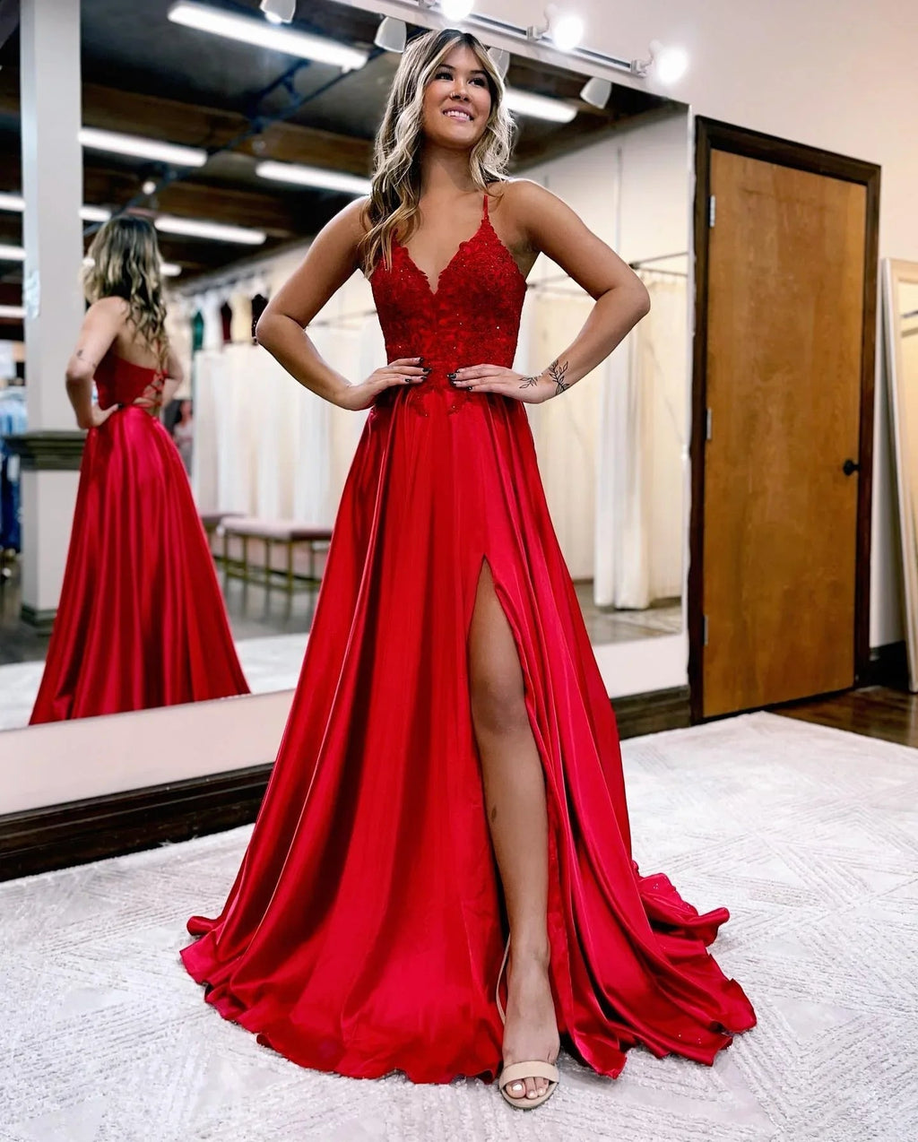 Sunnderly A-line Spaghetti Straps Corset Back Prom Dress With Split