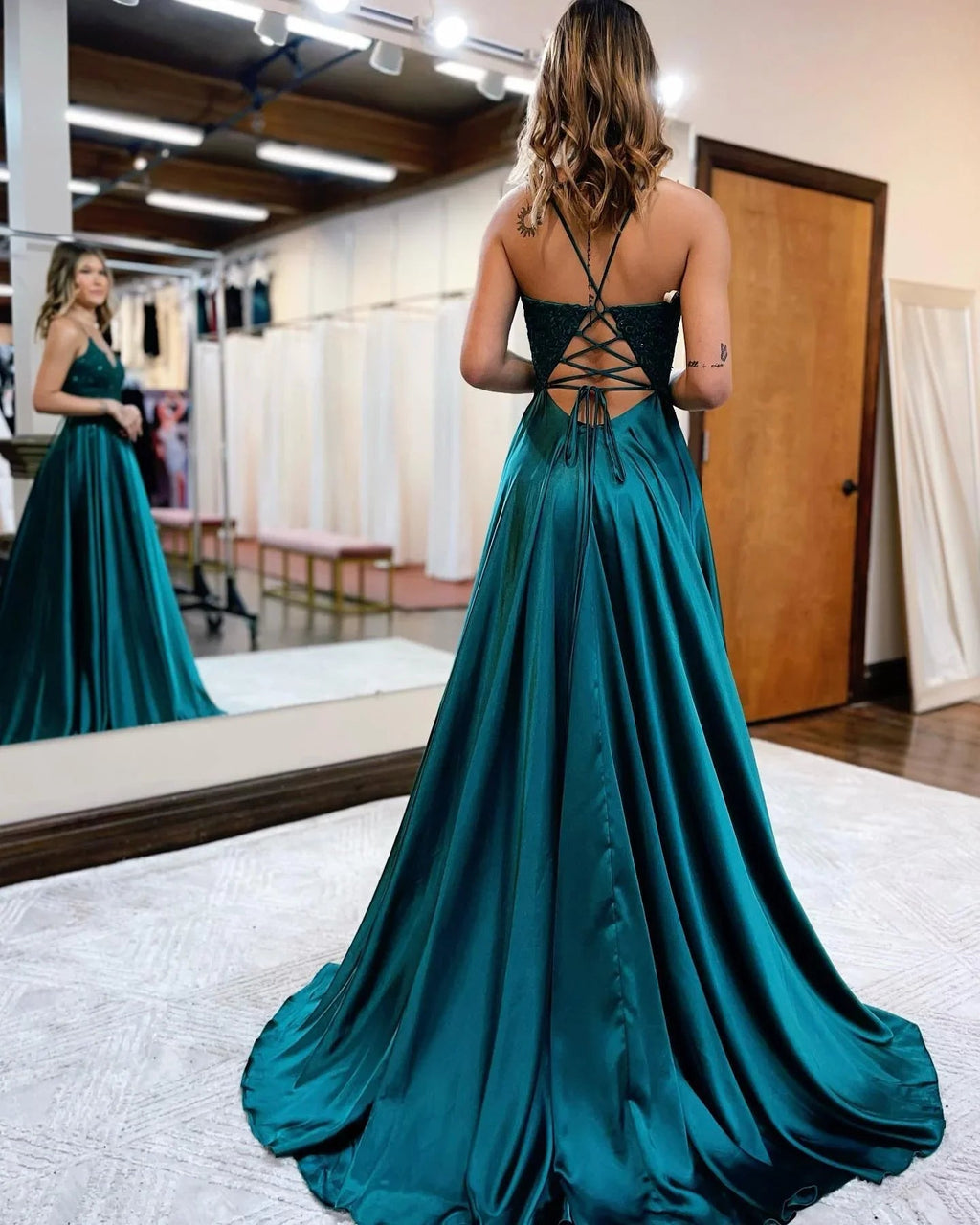 Sunnderly A-line Spaghetti Straps Corset Back Prom Dress With Split